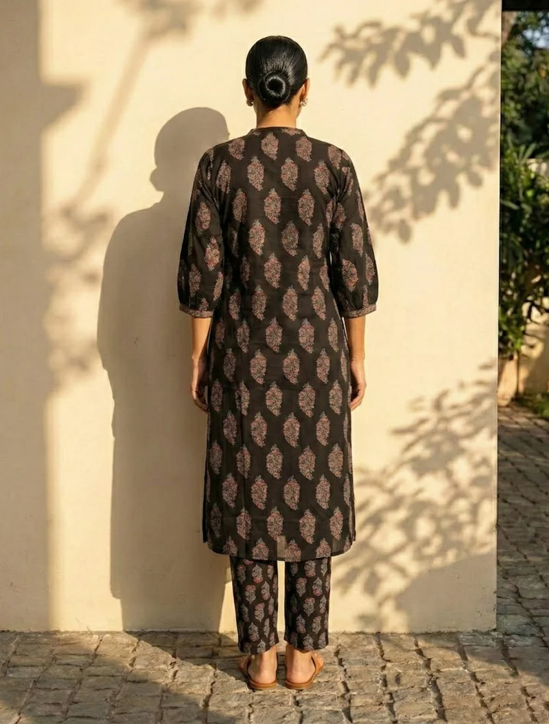 ترو برونز trueBrowns Black Boota Print Angrakha Kurta Pant Dupatta Set